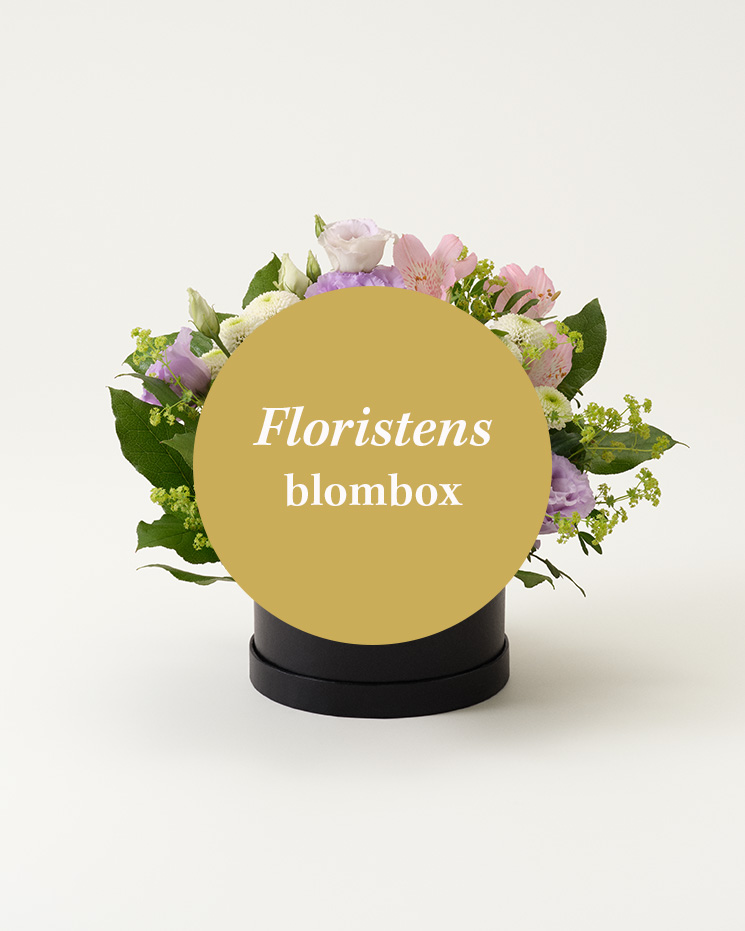 Floristens val - blombox. Den lokala floristen arrangerar en fin blomsterdekoration i en rund blombox. ´Blomstersorter kan variera under olika säsonger och i olika blomsterbutiker.